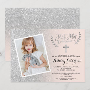 Convite Foto da primeira comunhão cor-de-rosa-rosa