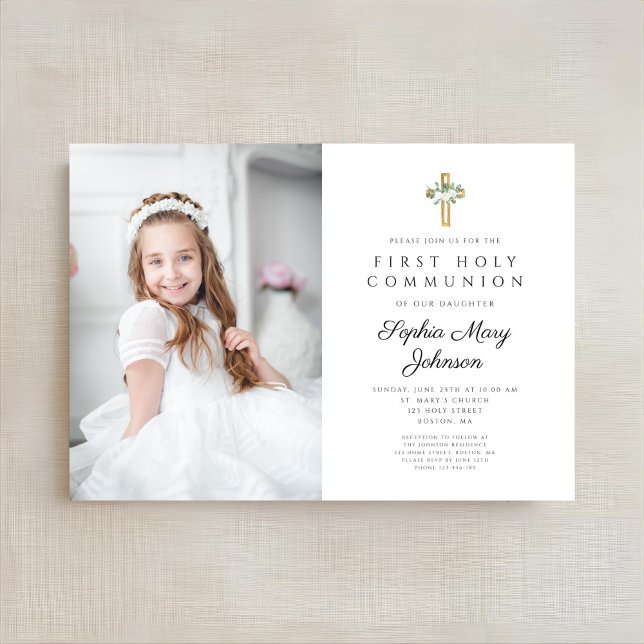 Convite Foto da Primeira Comunhão da Garota Floral Branca  (Elegant White Floral Girl First Communion Photo Invitation)