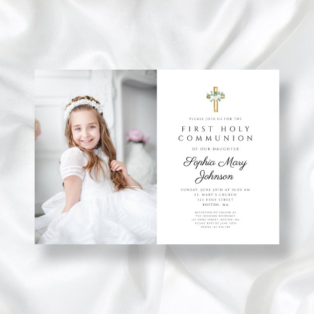 Convite Foto da Primeira Comunhão da Garota Floral Branca  (Elegant White Floral Girl First Communion Photo Invitation)