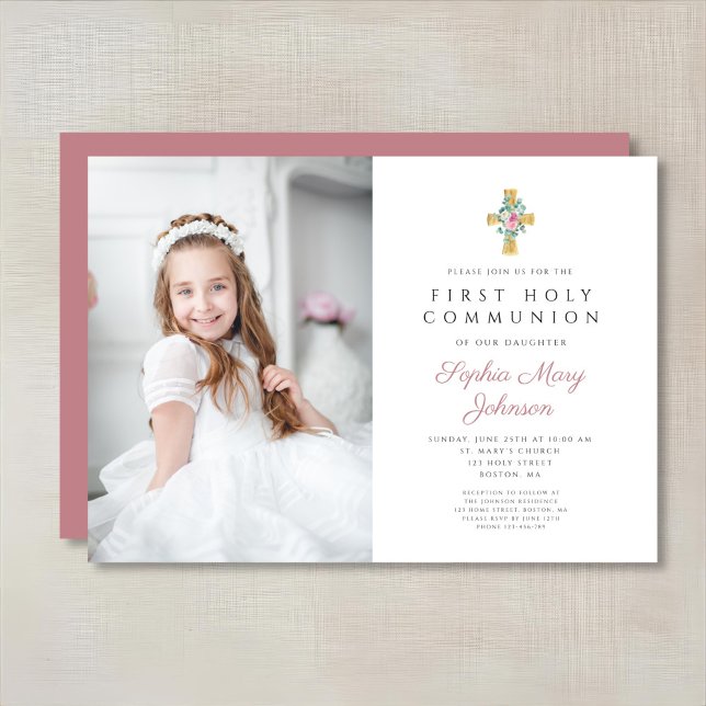 Convite Foto da Primeira Comunhão da Menina com Peônias Ro (Pink Peonies Cross Girl First Communion Photo Invitation)