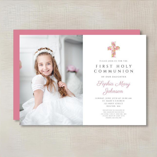 Convite Foto da Primeira Comunhão de Menina Floral Rosa (Pink Floral Cross Girl First Communion Photo Invitation)