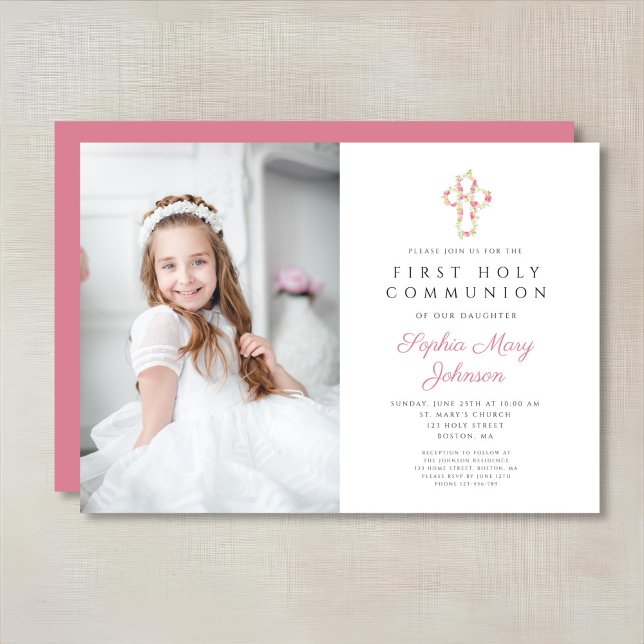 Convite Foto da Primeira Comunhão de Menina Floral Rosa (Pink Floral Cross Girl First Communion Photo Invitation)