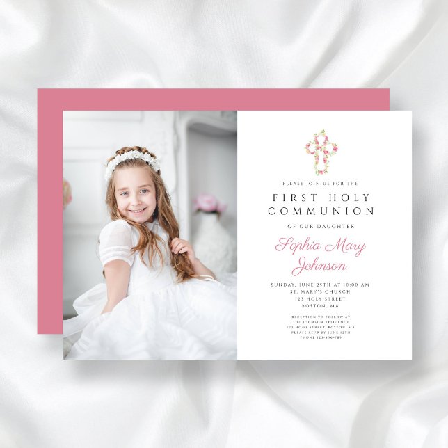 Convite Foto da Primeira Comunhão de Menina Floral Rosa (Pink Floral Cross Girl First Communion Photo Invitation)