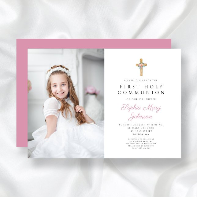 Convite Foto da Primeira Comunhão de Menina Floral Rosa (Pink Floral Cross Girl First Communion Photo Invitation)