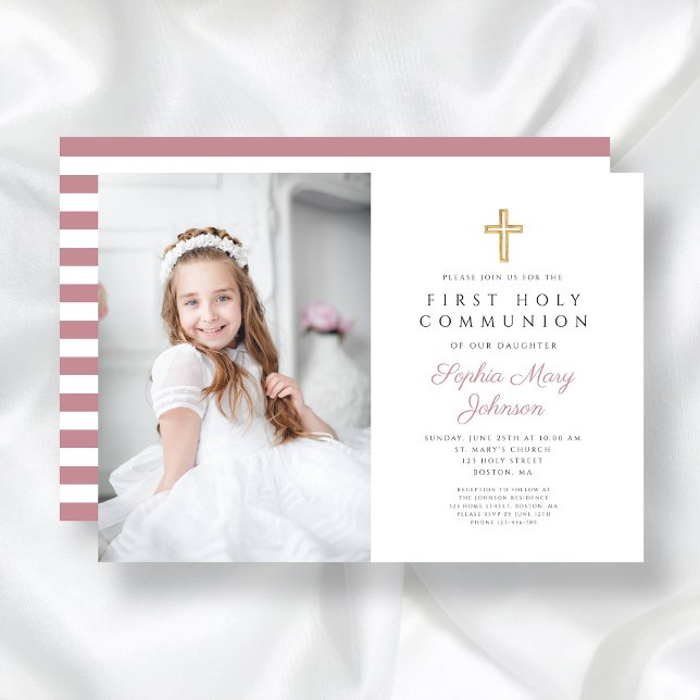 Convite Foto da Primeira Comunhão de Menina Rosa Elegante (Pink Cross Girl First Communion Photo Invitation)
