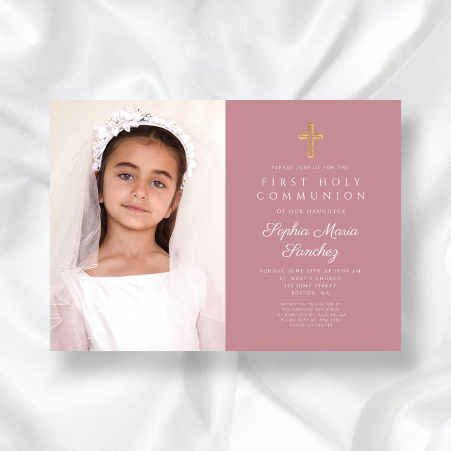 Convite Foto da Primeira Comunhão de Menina Rosa Elegante (Elegant Pink Cross Girl First Communion Photo Invitation)