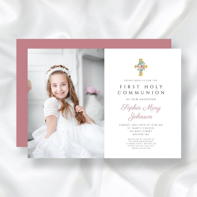 Convite Foto da Primeira Comunhão de Peonies Rosa Cross Gi (Pink Peonies Cross Girl First Communion Photo Invitation)