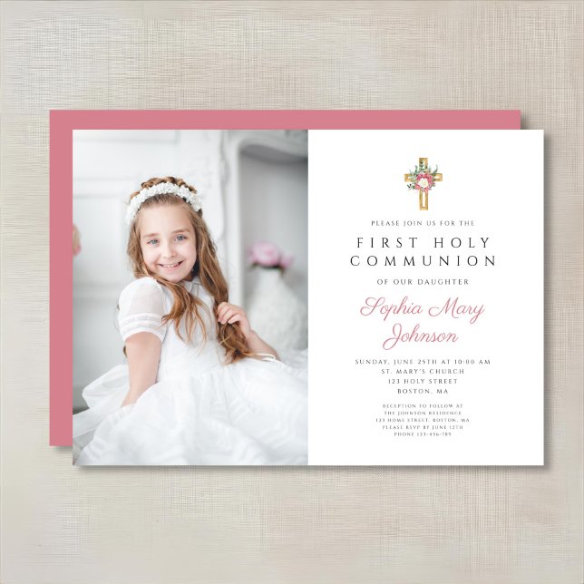 Convite Foto da Primeira Comunhão de Rapariga Floral Elega (Elegant Floral Cross Girl First Communion Photo Invitation)