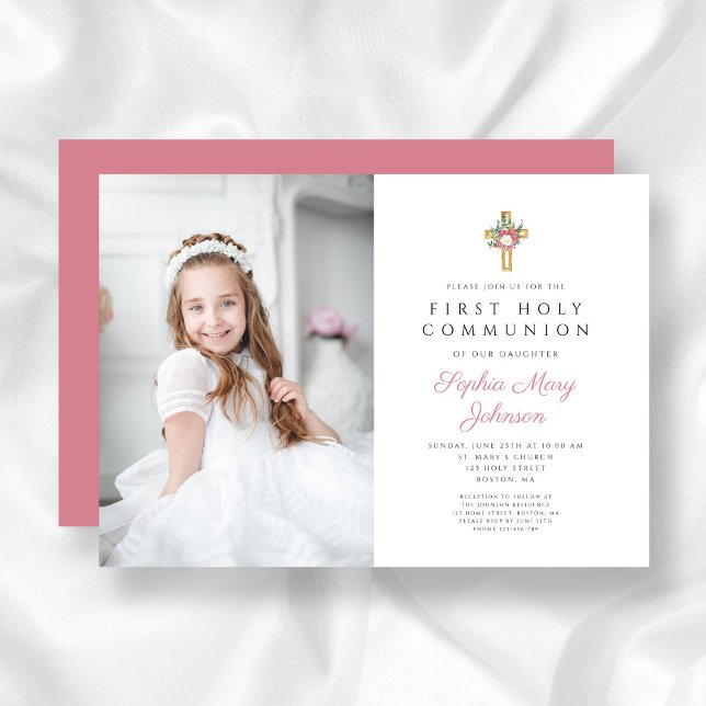 Convite Foto da Primeira Comunhão de Rapariga Floral Elega (Elegant Floral Cross Girl First Communion Photo Invitation)