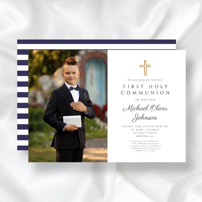 Convite Foto da Primeira Comunhão do marinho Blue Stripes  (Navy Blue Stripes Boy First Communion Photo Invitation)