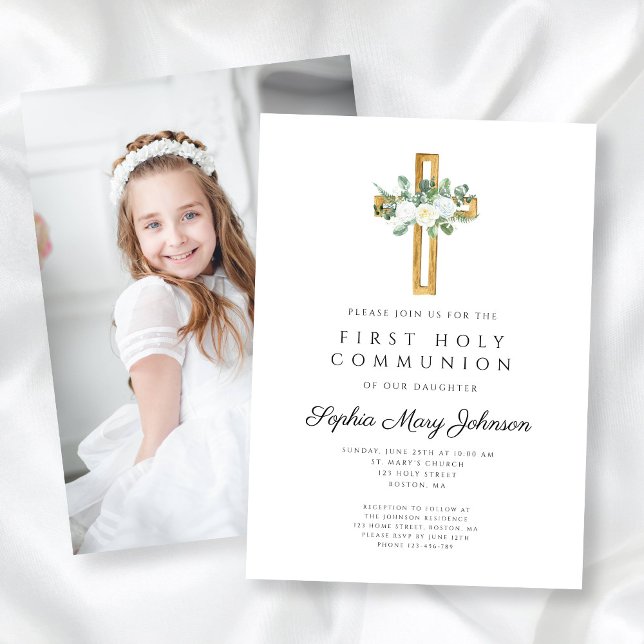 Convite Foto da Primeira Comunhão White Floral Cross Girl (White Floral Cross Girl First Communion Photo Invitation)
