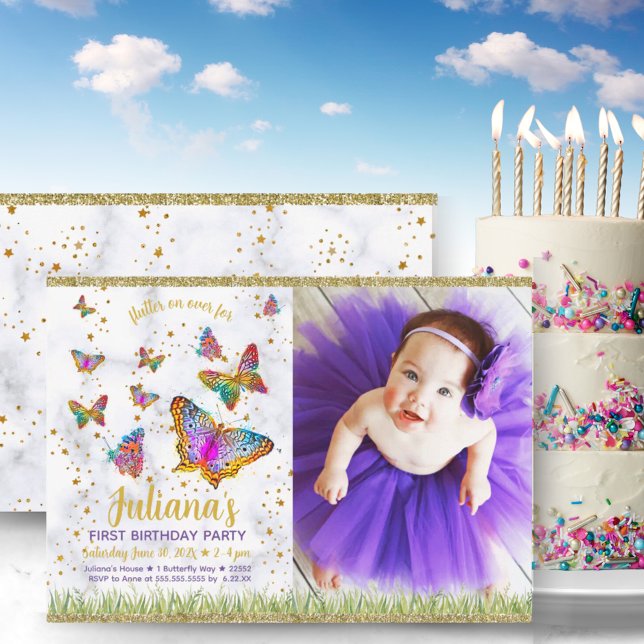Convite Foto da primeira Festa de aniversário da borboleta (Bright Butterfly First Birthday Party Photo Invitation)