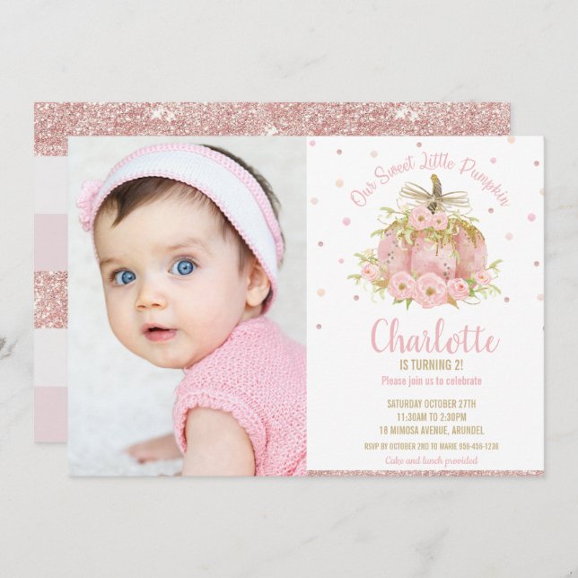 Convite Foto da primeiro aniversario Chic Pumpkin (Frente/Verso)