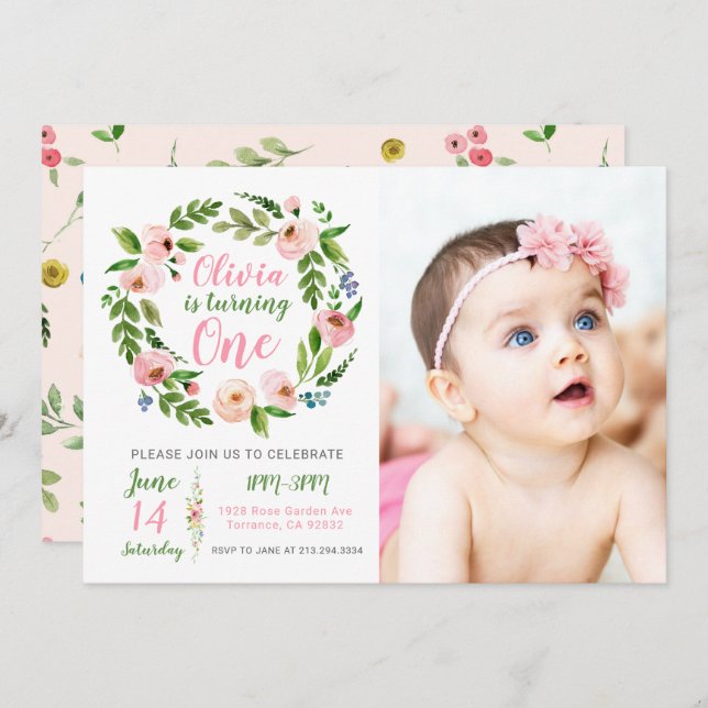Convite Foto da primeiro aniversario Floral Garden Invitat (Frente/Verso)