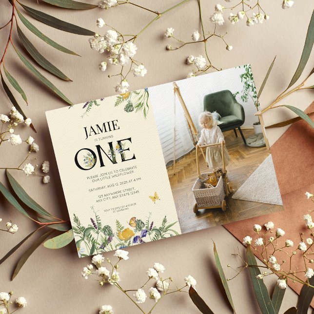 Convite Foto da primeiro aniversario Wildflower Boho (Criador carregado)