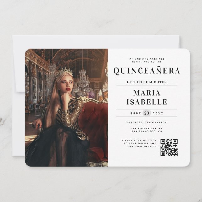 Convite Foto da Princesa Moderna Código QR Quinceañera (Frente)