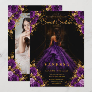 Convite Foto da princesa sweet 16 roxo dourado