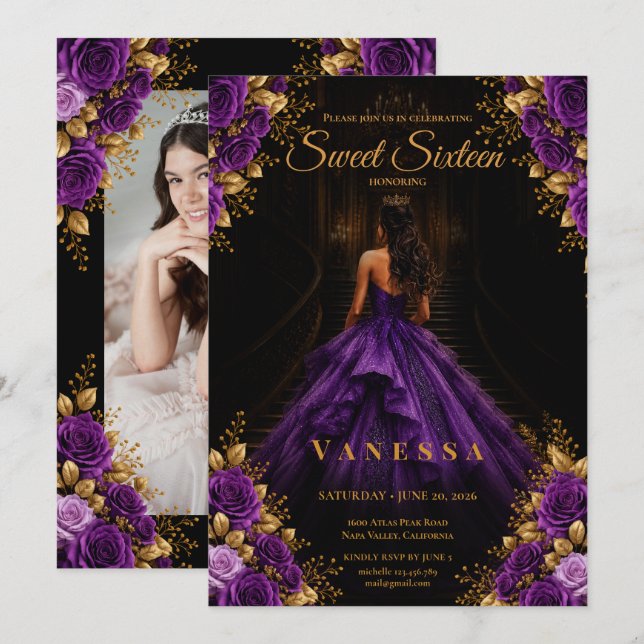 Convite Foto da princesa sweet 16 roxo dourado (Frente/Verso)
