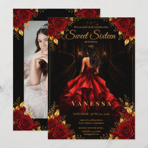 Convite Foto da Princesa Sweet 16 Vermelho Dourado