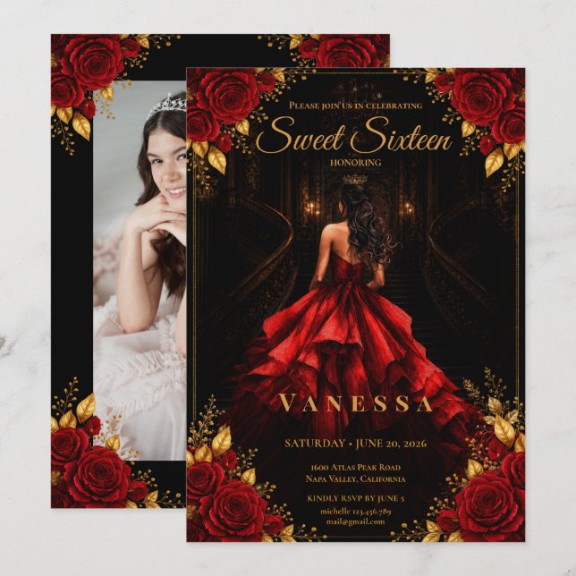 Convite Foto da Princesa Sweet 16 Vermelho Dourado (Frente/Verso)