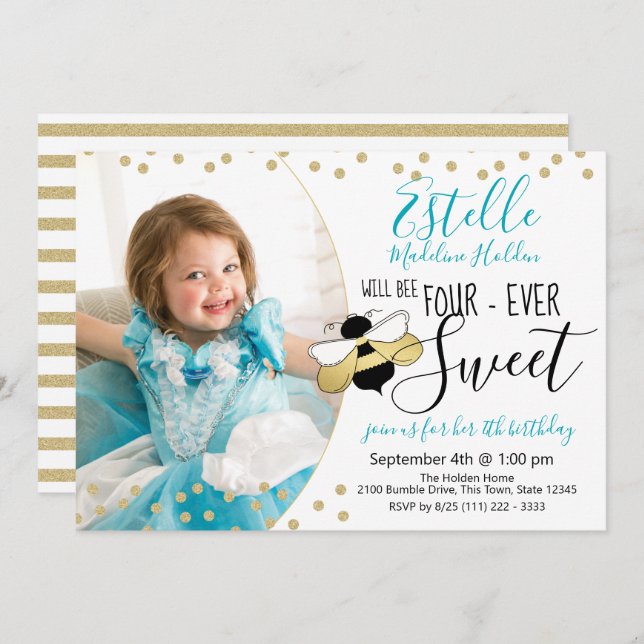 Convite Foto da quarta Festa de aniversário da Bee (Frente/Verso)