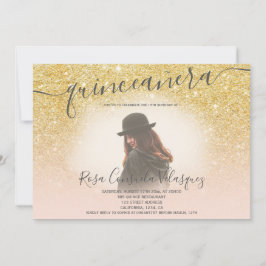 Convite Foto da quinceanera rosa com brilho dourado