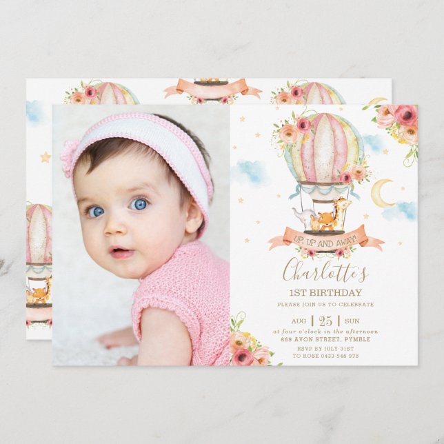 Convite Foto da selva de primeiro aniversario de balão de  (Frente/Verso)