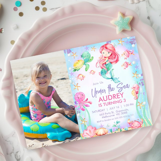 Convite Foto da Sereia Vermelha sob o primeiro aniversario (Editable Under The Sea Birthday Invitation Template, Summer Ocean Themed Birthday Invitation Girl)