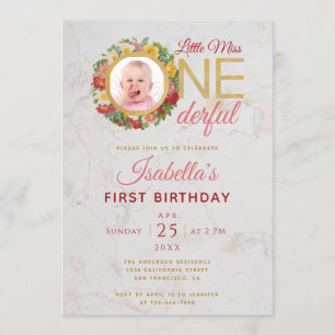 Convite Foto da Srta. Onederful em Coroa de Rosas Primeiro