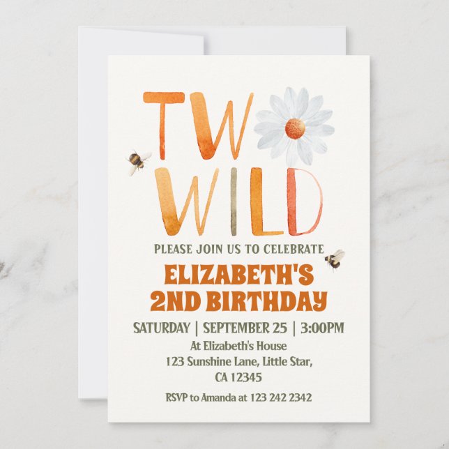 Convite Foto Daisy Two Wild segundo aniversário Girl (Frente)