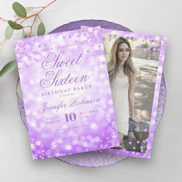 Convite Foto das Luzes de Glama Roxo Elegante Sweet 16