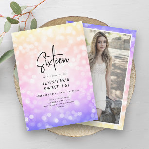 Convite Foto das Luzes de Ombre Moderno Rainbow Sweet 16