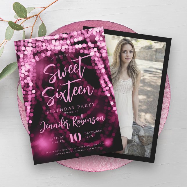 Convite Foto das luzes de sequência Dourada Elegante Rosa  (Elegant Rose Gold String Lights Photo Sweet 16 Invitation)