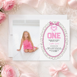 Convite Foto de 1º Aniversário Coquette com Laço Rosa Fofi