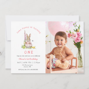 Convite Foto de 1º aniversário de Bebê Menina Coelho Fofo