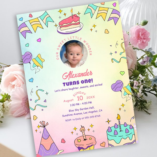 Convite Foto de 1º Aniversário de Bebê Menino Fofo com Pas (Sweet Pastel Cute Baby Boy 1st Birthday Photo Invitation)