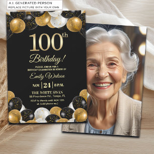 Convite Foto de 100º Aniversário com Brilho Dourado Preto