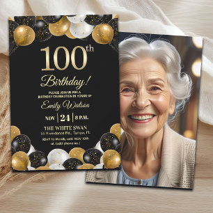 Convite Foto de 100º Aniversário com Brilho Dourado Preto 