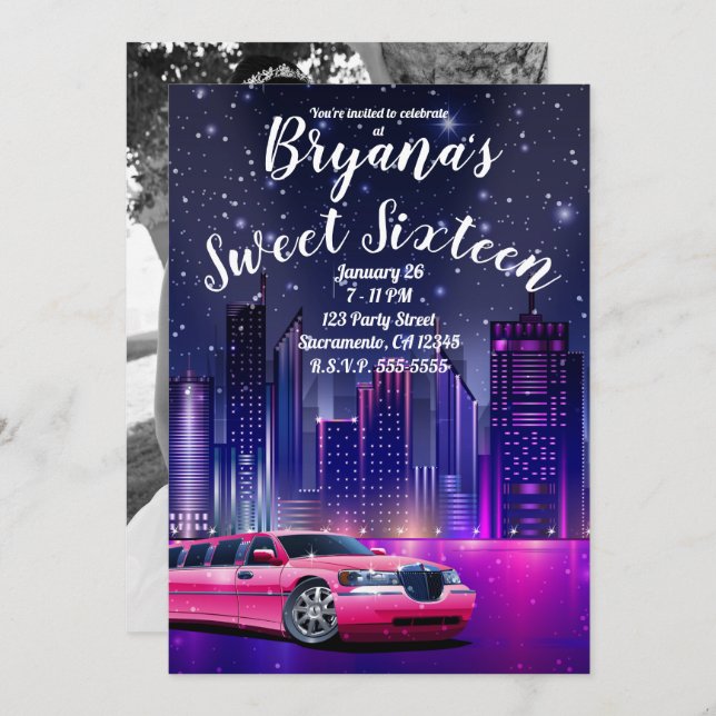 Convite Foto de 16 de aniversário da cidade limusine cor-d (Frente/Verso)