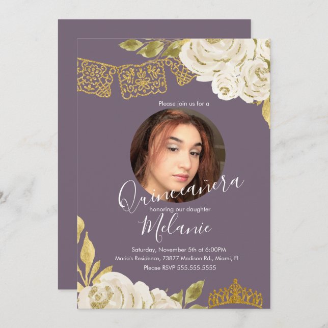 Convite Foto De 16 Faux Faux Florals (Frente/Verso)