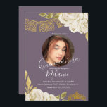 Convite Foto De 16 Faux Faux Florals<br><div class="desc">Quince Sweet Sessenta Mexicanos Papel Picado com Watercolor Ivory Florals. Adicionar sua própria foto</div>