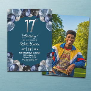 Convite Foto de 17º Aniversário com Brilho Azul Elegante P