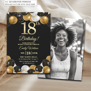 Convite Foto de 18º Aniversário com Brilho Preto e Dourado