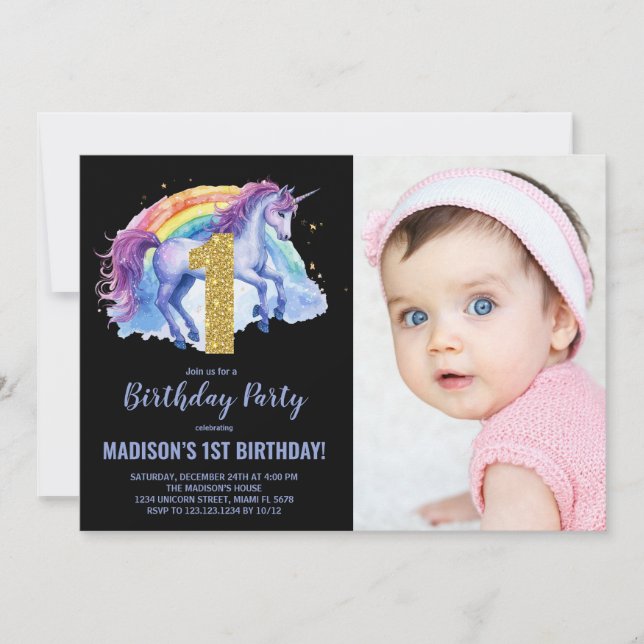 Convite Foto de 1rua Rainbow Unicorn Birthday (Frente)