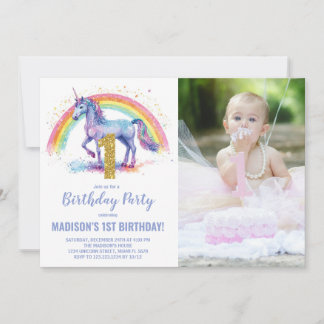Convite Foto de 1rua Rainbow Unicorn Birthday