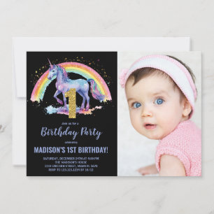 Convite Foto de 1rua Rainbow Unicorn Birthday