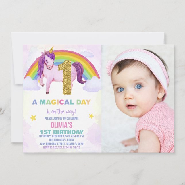 Convite Foto de 1rua Rainbow Unicorn Birthday (Frente)