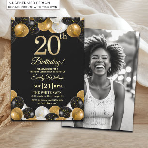 Convite Foto de 20º Aniversário com Brilho Preto e Dourado