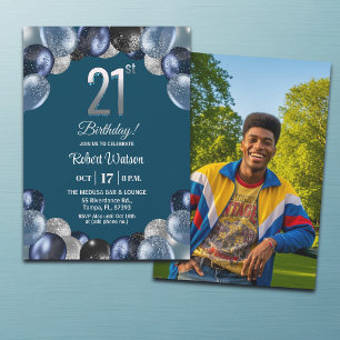 Convite Foto de 21º Aniversário com Brilho Azul Elegante P