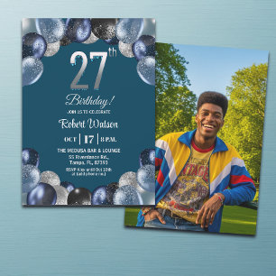 Convite Foto de 27º Aniversário com Brilho Azul Elegante P